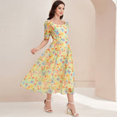 French Elegant High Waist Square Collar Dress